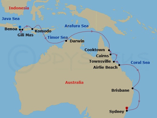 Voyage map: Bali (Benoa) to Sydney